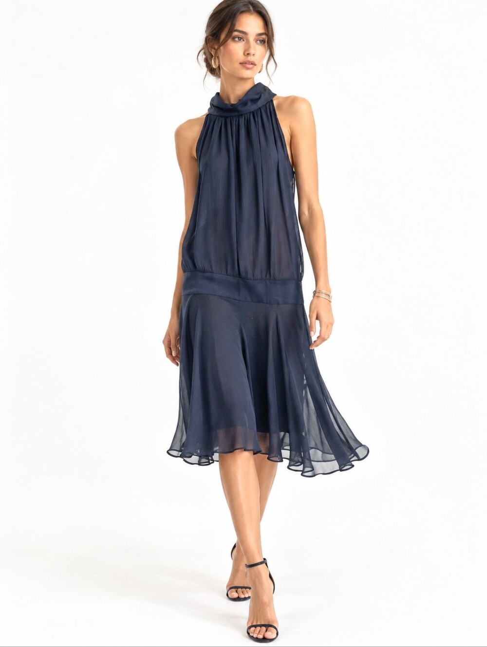 Banana Republic Dress Navy Blue Silk Drop Waist Midi Sleeveless
